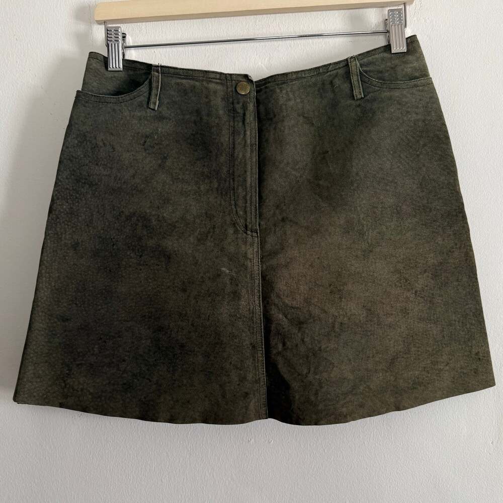 90s Vintage HUGO BUSCATI | Olive Green Suede Mini Skirt | 10 | Minimalist